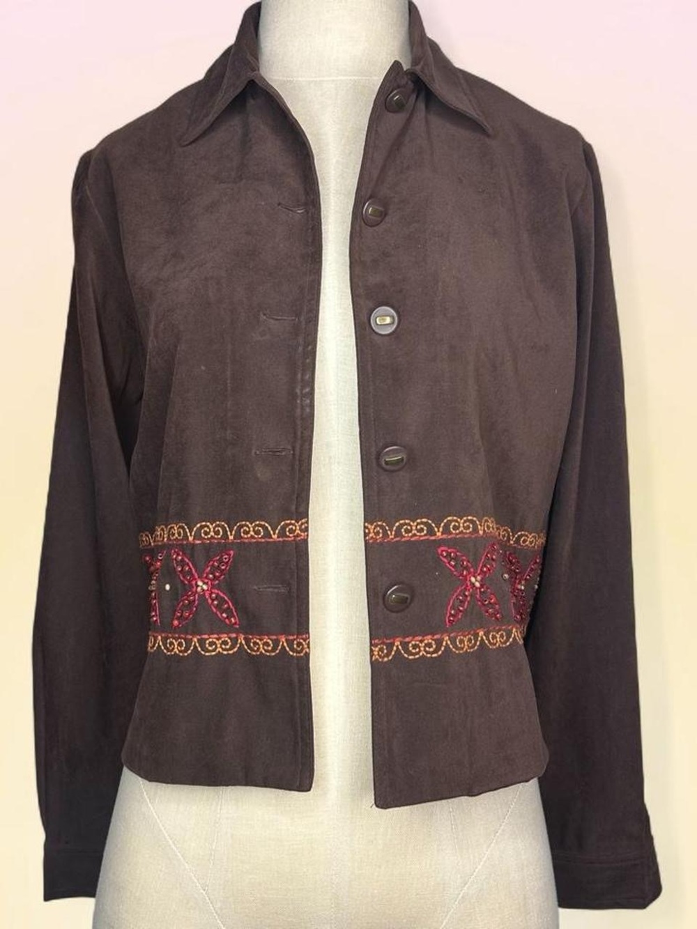 Vintage Bohemian Brown Embroidered Beaded Suede Button-Front Jacket